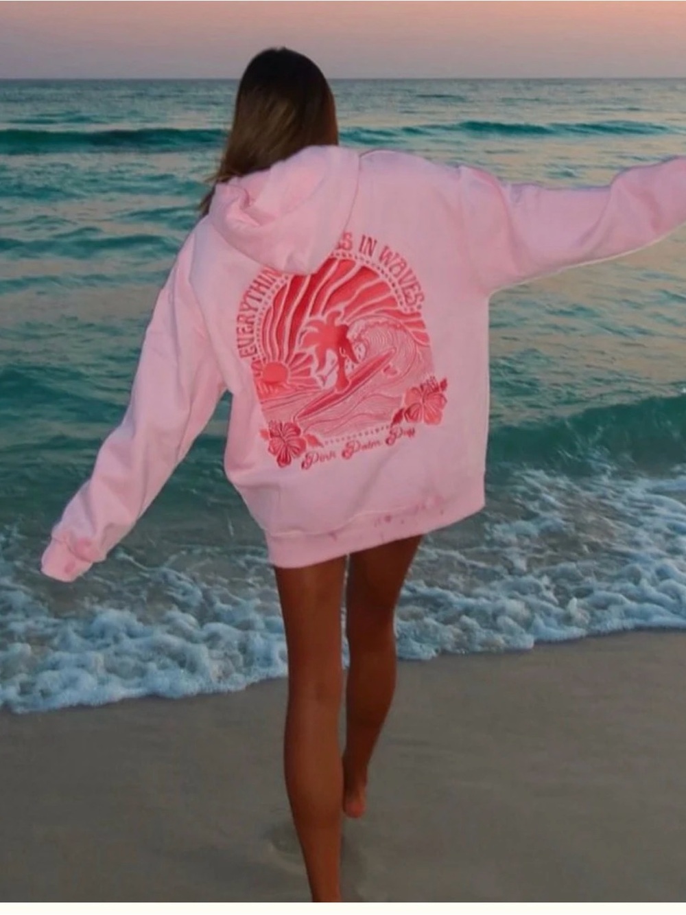 Pink Palm Puff Everything Comes in Waves 🌊 Hoodie Sweatshirt